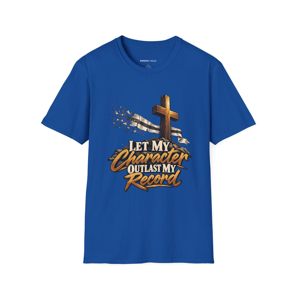 Graphic fitness T-shirt featuring the "Let My Character Outlast My Record" design.