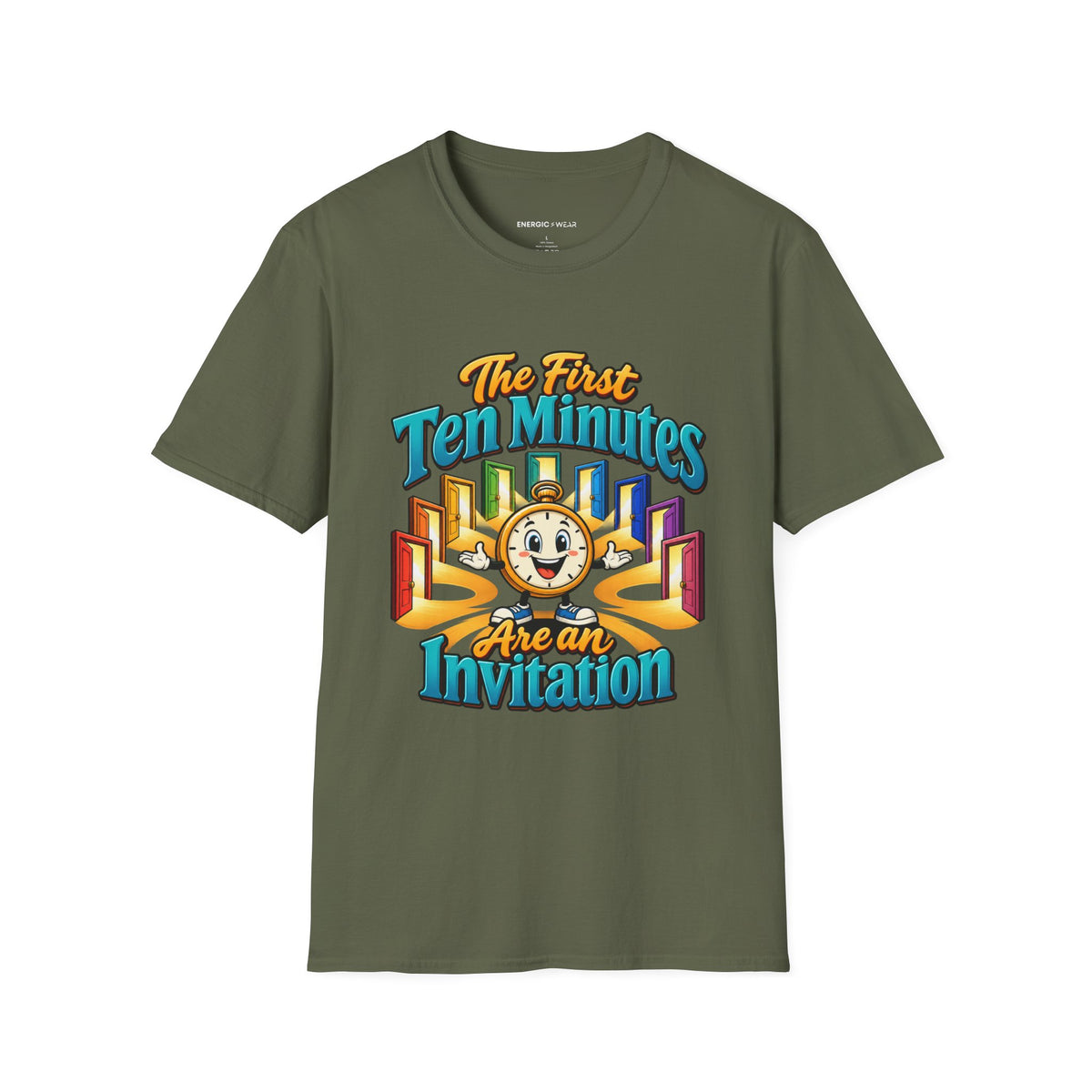 Graphic fitness T-shirt featuring the "The First Ten Minutes Are an Invitation" design.