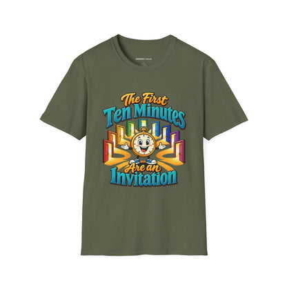 Graphic fitness T-shirt featuring the "The First Ten Minutes Are an Invitation" design.