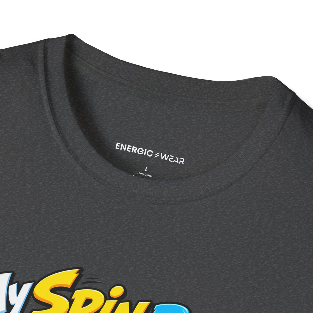 Graphic fitness T-shirt featuring the "My Spin Bike Goes Nowhere with Great Enthusiasm" design.