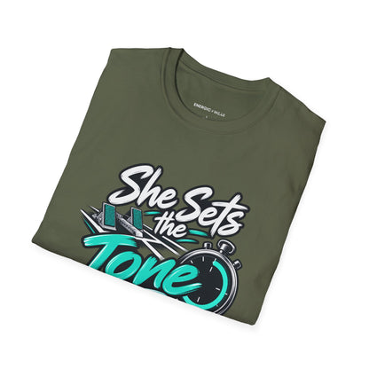 Graphic fitness T-shirt featuring the "She Sets the Tone Before the Timer" design.