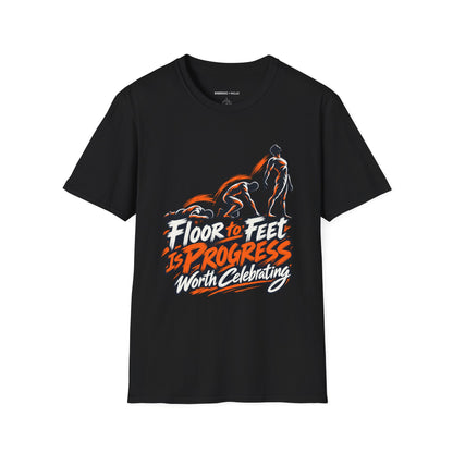 Graphic fitness T-shirt featuring the "Floor to Feet Is Progress Worth Celebrating" design.