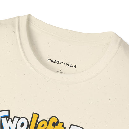 Graphic fitness T-shirt featuring the "Two Left Feet Met the Agility Ladder" design.