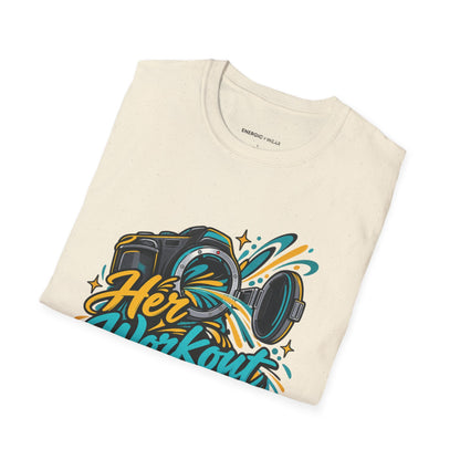 Graphic fitness T-shirt featuring the "Her Workout Doesn't Need a Before Photo" design.