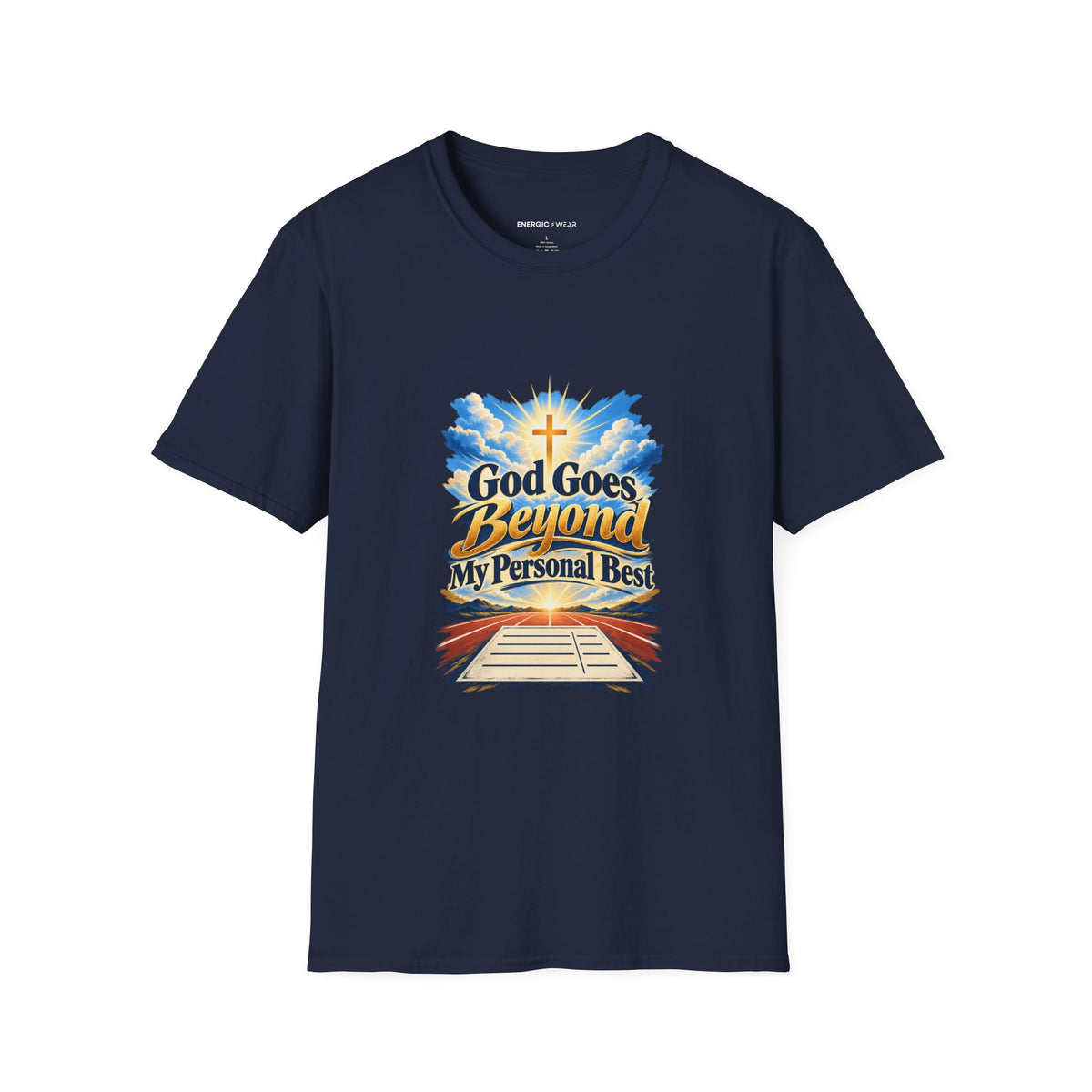 Graphic fitness T-shirt featuring the "God Goes Beyond My Personal Best" design.