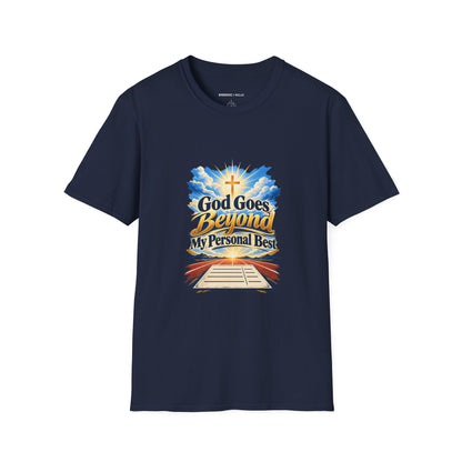 Graphic fitness T-shirt featuring the "God Goes Beyond My Personal Best" design.