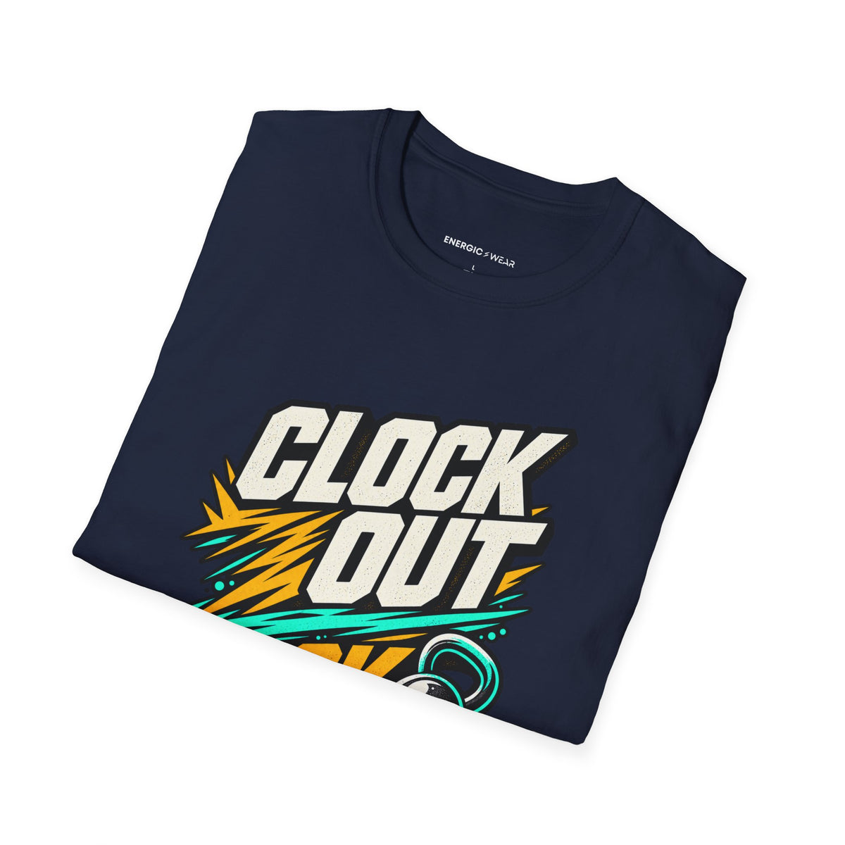 Graphic fitness T-shirt featuring the "Clock Out, Lock In" design.