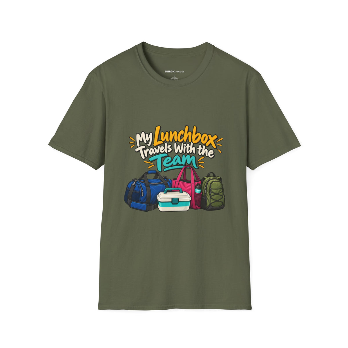 Graphic fitness T-shirt featuring the "My Lunchbox Travels With the Team" design.