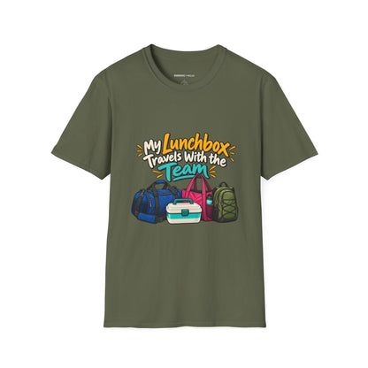 Graphic fitness T-shirt featuring the "My Lunchbox Travels With the Team" design.