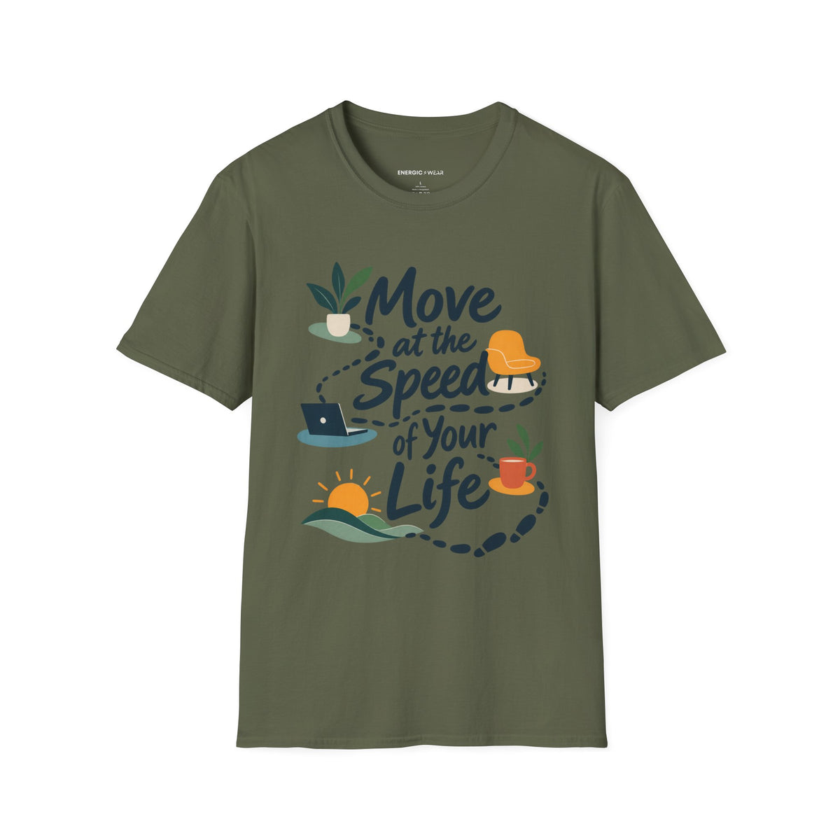 Graphic fitness T-shirt featuring the "Move at the Speed of Your Life" design.