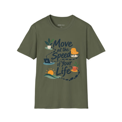 Graphic fitness T-shirt featuring the "Move at the Speed of Your Life" design.
