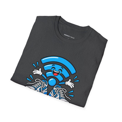 Graphic fitness T-shirt featuring the "The Gym Wi-Fi Knows My Routine" design.