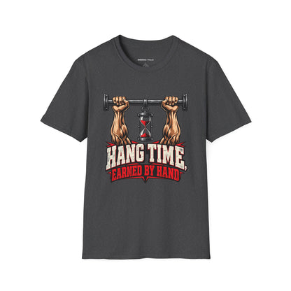 Graphic fitness T-shirt featuring the "Hang Time Earned by Hand" design.
