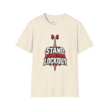Graphic fitness T-shirt featuring the "Stand Behind Your Lockout" design.