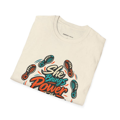 Graphic fitness T-shirt featuring the "She Brings Power to the Eight Count" design.