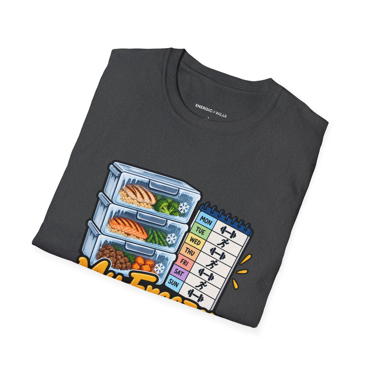 Graphic fitness T-shirt featuring the "My Freezer Is Part of the Training Plan" design.