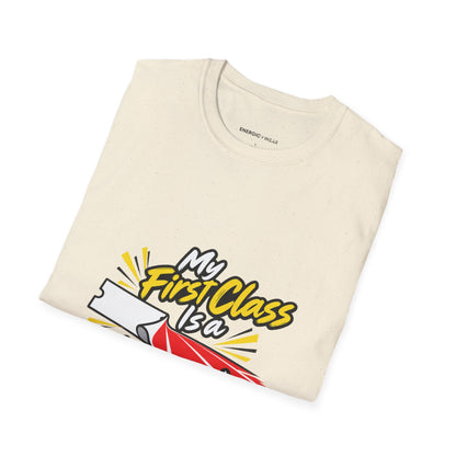 Graphic fitness T-shirt featuring the "My First Class Is a Starting Line" design.