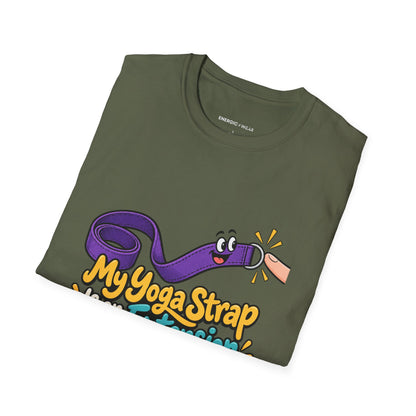 Graphic fitness T-shirt featuring the "My Yoga Strap Is an Extension of My Optimism" design.