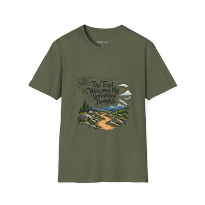 Graphic fitness T-shirt featuring the "The Trail Welcomes My Unfinished Thoughts" design.