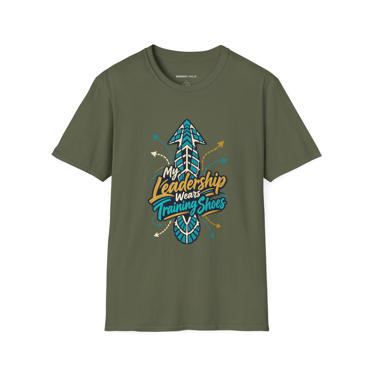 Graphic fitness T-shirt featuring the "My Leadership Wears Training Shoes" design.