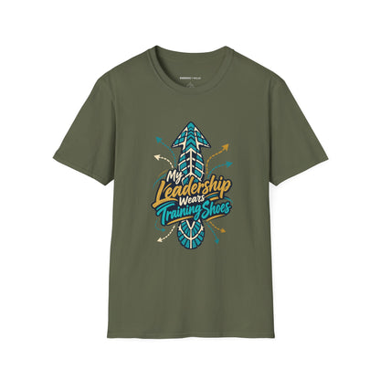 Graphic fitness T-shirt featuring the "My Leadership Wears Training Shoes" design.