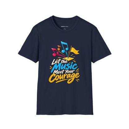 Graphic fitness T-shirt featuring the "Let the Music Meet Your Courage" design.
