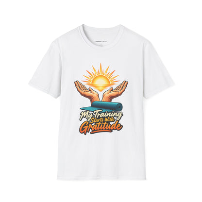 Graphic fitness T-shirt featuring the "My Training Starts with Gratitude" design.