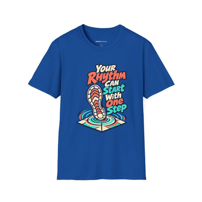 Graphic fitness T-shirt featuring the "Your Rhythm Can Start With One Step" design.