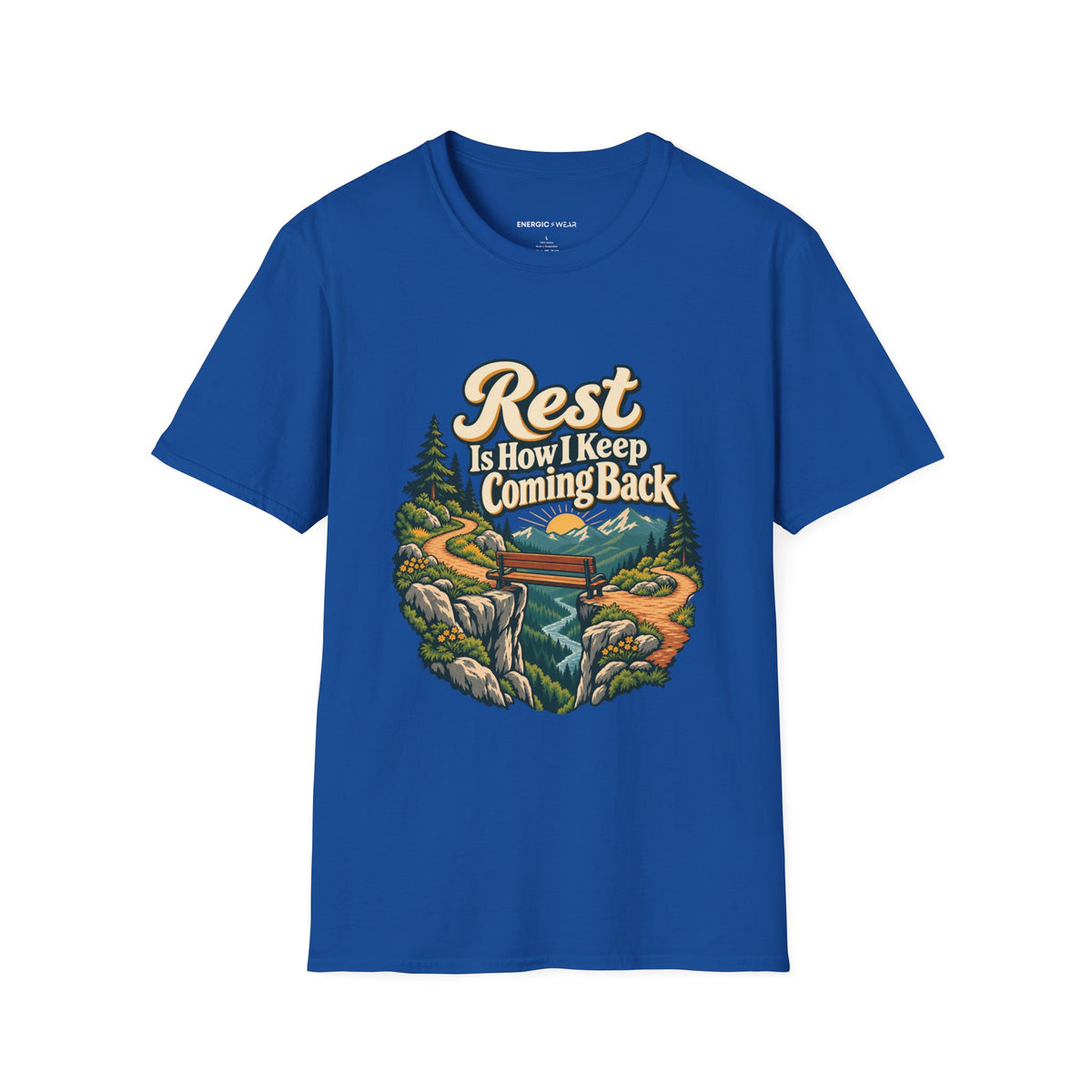 Graphic fitness T-shirt featuring the "Rest Is How I Keep Coming Back" design.