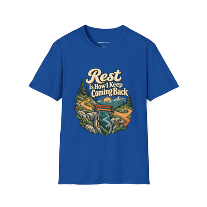 Graphic fitness T-shirt featuring the "Rest Is How I Keep Coming Back" design.