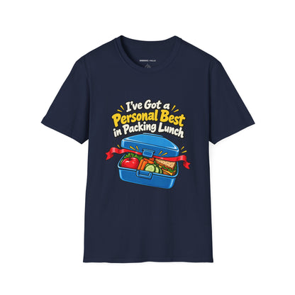 Graphic fitness T-shirt featuring the "I've Got a Personal Best in Packing Lunch" design.