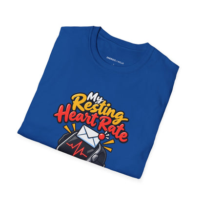 Graphic fitness T-shirt featuring the "My Resting Heart Rate Has a Work Email" design.
