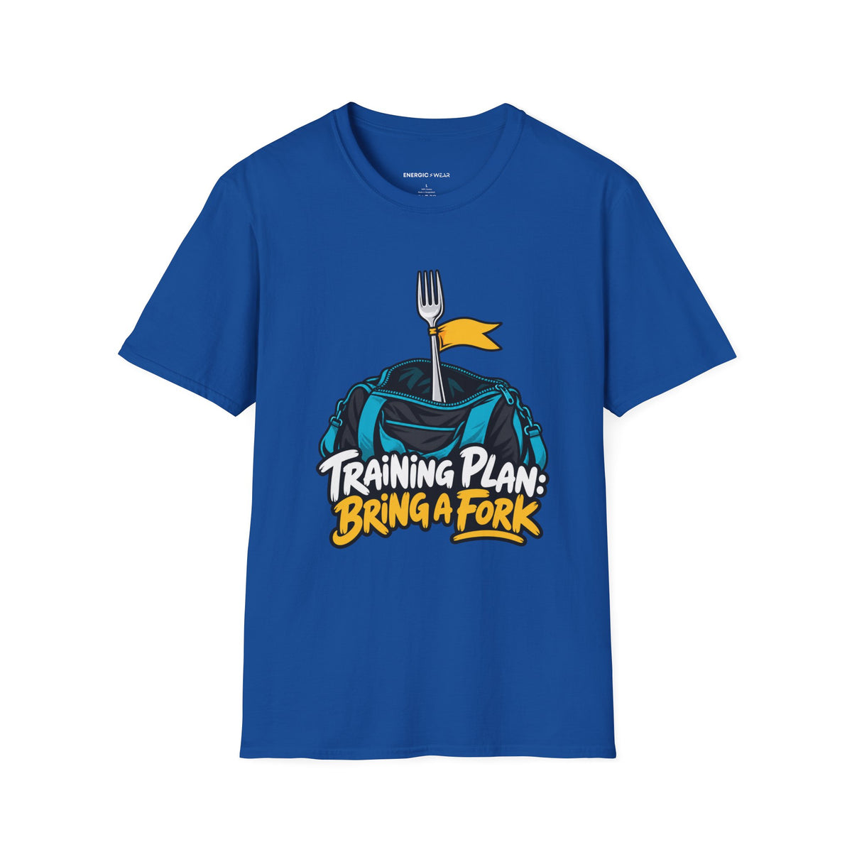 Graphic fitness T-shirt featuring the "Training Plan Bring a Fork" design.