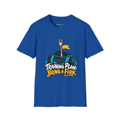 Graphic fitness T-shirt featuring the "Training Plan Bring a Fork" design.