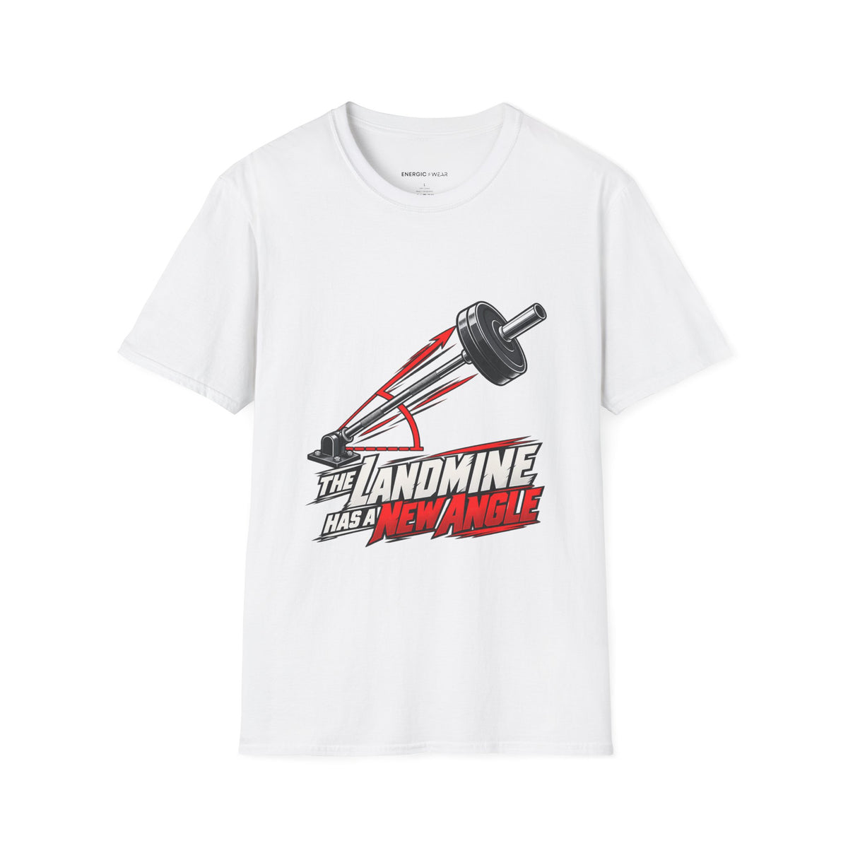 Graphic fitness T-shirt featuring the "The Landmine Has a New Angle" design.