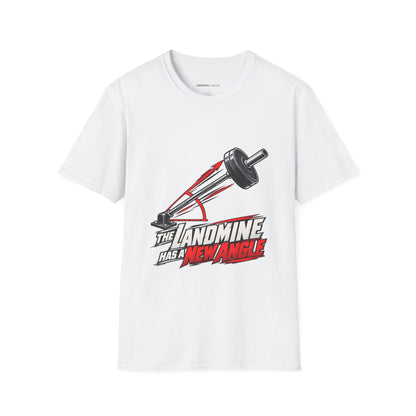 Graphic fitness T-shirt featuring the "The Landmine Has a New Angle" design.