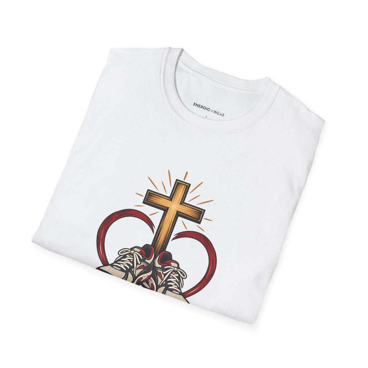 Graphic fitness T-shirt featuring the "An Open Heart and a Ready Pair of Shoes" design.