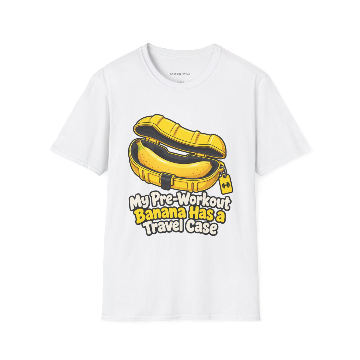 Graphic fitness T-shirt featuring the "My Pre-Workout Banana Has a Travel Case" design.