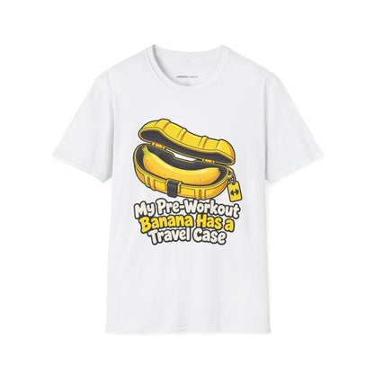 Graphic fitness T-shirt featuring the "My Pre-Workout Banana Has a Travel Case" design.