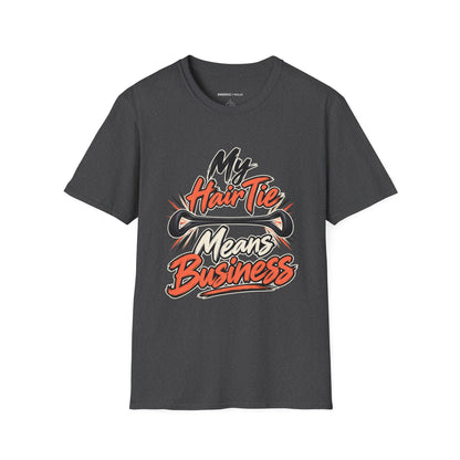 Graphic fitness T-shirt featuring the "My Hair Tie Means Business" design.
