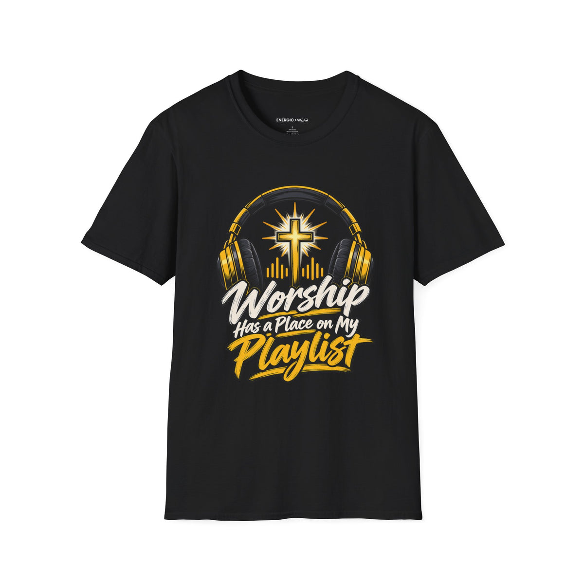 Graphic fitness T-shirt featuring the "Worship Has a Place on My Playlist" design.
