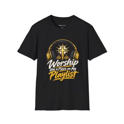 Graphic fitness T-shirt featuring the "Worship Has a Place on My Playlist" design.