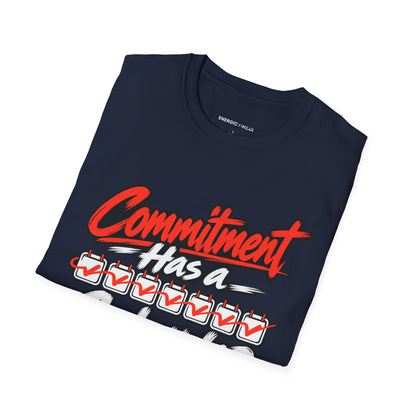 Graphic fitness T-shirt featuring the "Commitment Has a Calendar" design.