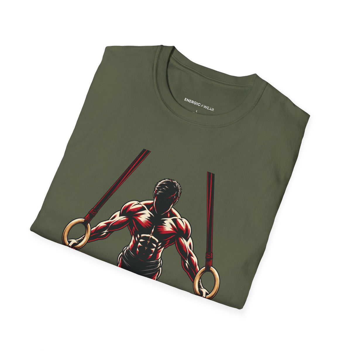 Graphic fitness T-shirt featuring the "Rings Ask Every Muscle to Listen" design.