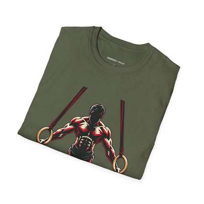 Graphic fitness T-shirt featuring the "Rings Ask Every Muscle to Listen" design.