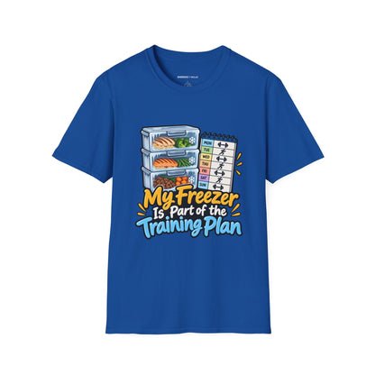 Graphic fitness T-shirt featuring the "My Freezer Is Part of the Training Plan" design.