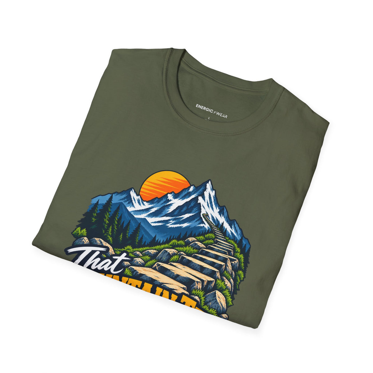 Graphic fitness T-shirt featuring the "That Mountain Trip Has My Training Attention" design.