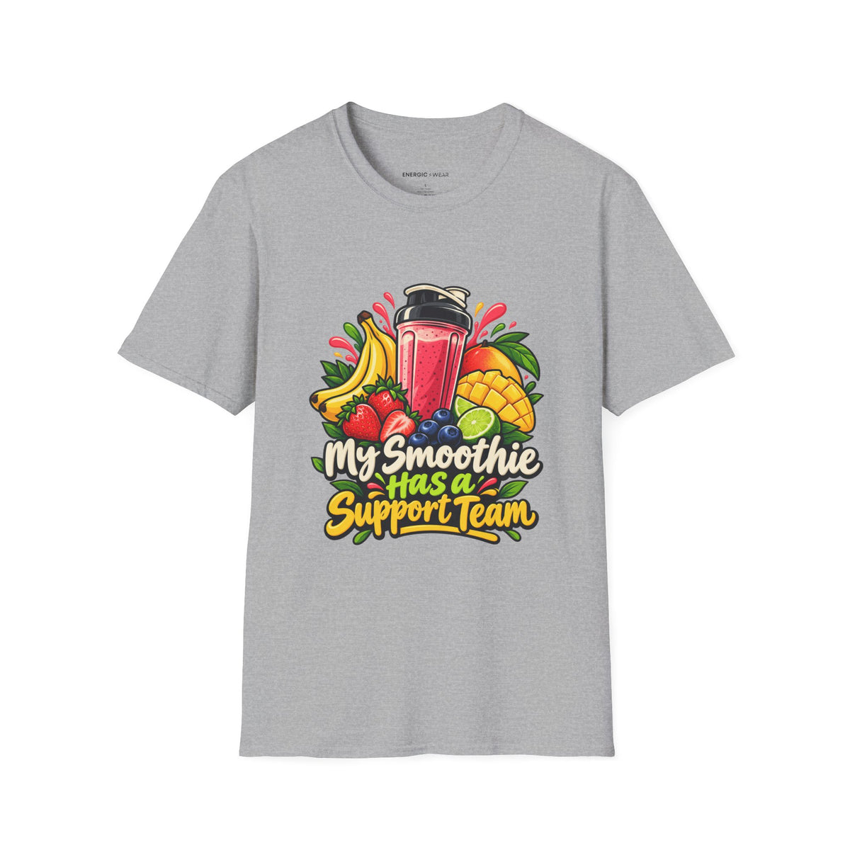 Graphic fitness T-shirt featuring the "My Smoothie Has a Support Team" design.
