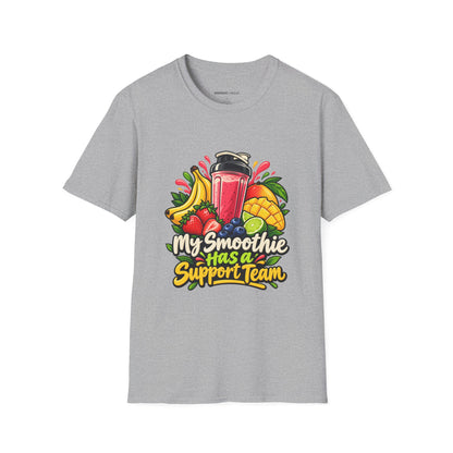 Graphic fitness T-shirt featuring the "My Smoothie Has a Support Team" design.