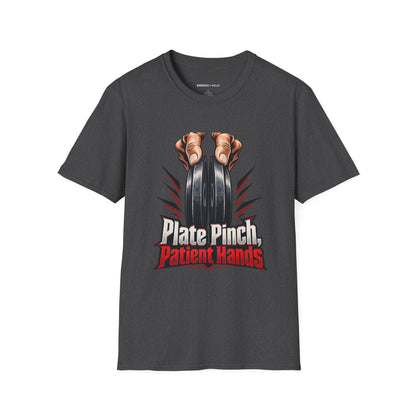 Graphic fitness T-shirt featuring the "Plate Pinch, Patient Hands" design.